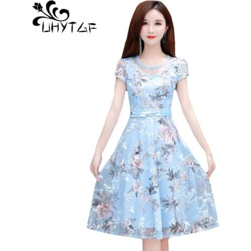 UHYTGF 4XL Plus size dresses women Fashion Lace mesh summer dresses Print stitching Bohemian dress Female Slim Bandage dress 180