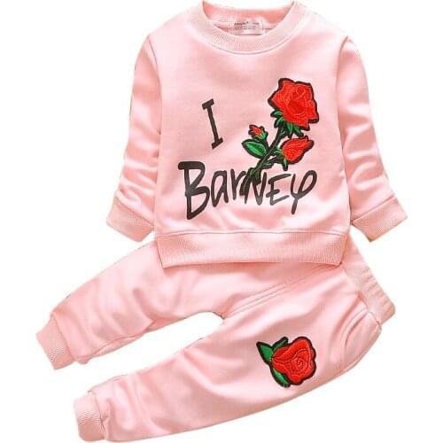 Baby girl spring and autumn plus velvet pants sweater suit girl letter rose embroidered sweater leisure sports two-piece suit