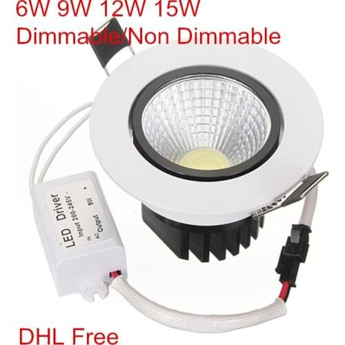DHL Free LED COB Down Light Recessed Ceiling Downlight 6W 9W 12W 15W Dimmable COB LED Downlight AC85-265V with LED Driver