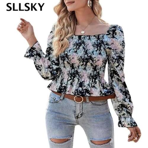 SLLSKY Women Floral Blouse Shirt Square Neck Ruffled Long-Sleeved High-waist Bohemian Stretch Top 2021 Female T-shirt