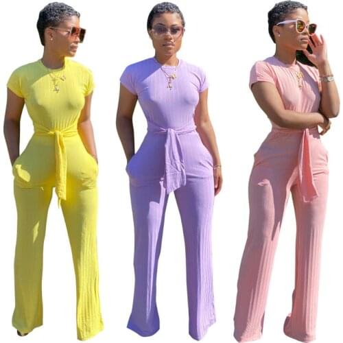2021 Women Pants Solid Jumpsuits Round Neck Slimming Waist Short Sleeves Bodycon Straight Sexy Lady Floor Length Romper Summer