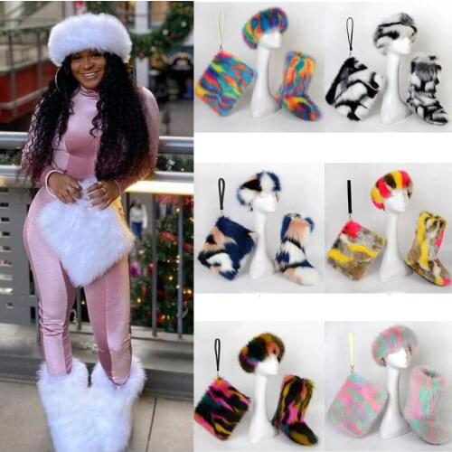Women Outdoor Warm Plush Faux Fur Boots Winter Fashion Cold Proof Comfortable Furry Slippers Set Purse Headgear Ladies Shoes Hot