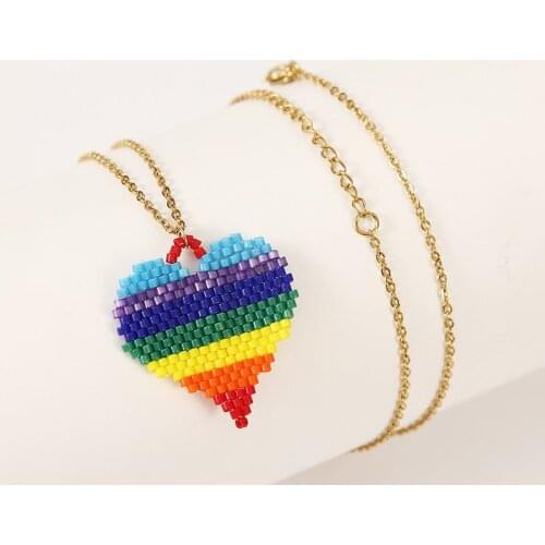 Bohemian Handmade Glass Beaded Multicolor Rainbow Heart Miyuki Necklaces & Pendants Women Gold Stainless Steel Chain Necklace