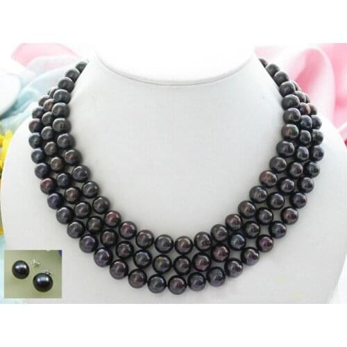 3row 11MM black round FRESHWATER PEARL necklace earring