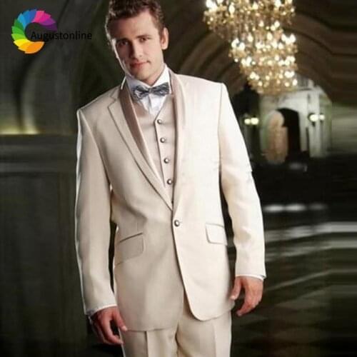 Beige Men Suits Wedding Groom Tuxedos Business Wear 3 Pieces (Jacket+Pants+Vest) Bridegroom Suits Best Man Blazer