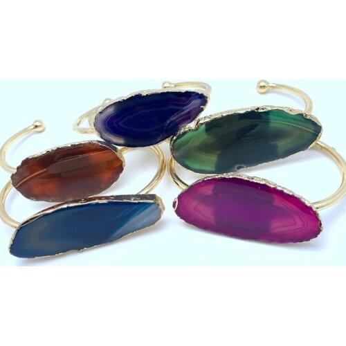 58-60mm Natural Agates Freeform Slab Beads Open Cuff Bangle Fashion Women Onyx Stone Gold Bracelet Jewelry