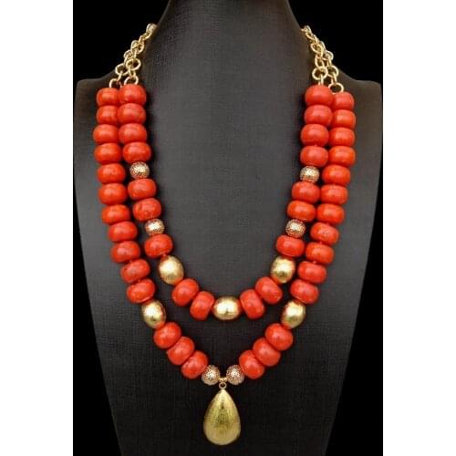 Y·YING 2 Rows Orange Coral Rondelle Faux Gold color Plated Chain Pendant Necklace 21"