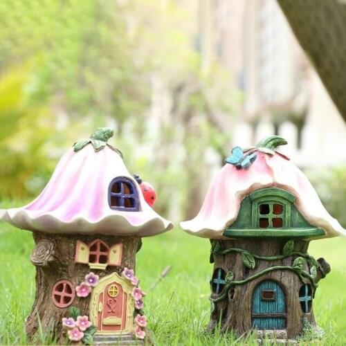 Flower mushroom decor sculpture Garden courtyard layout Figurines Creative solar house light Outdoor balcony decoration statue