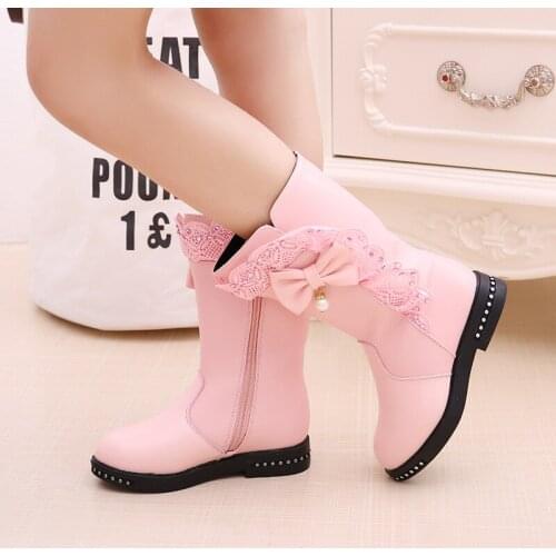 ChildrenS Shoes Teens Girl Winter High Heels Boots For KidsShoes Fashion Lace Bow Elegant Princess Plush Snow Boots 3-16 Year