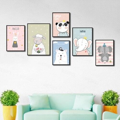 Nordic Simple Cartoon Animal Print Canvas Painting Cute Sheep Bear Elephant Poster Children Room Wall Art Decor Pictures