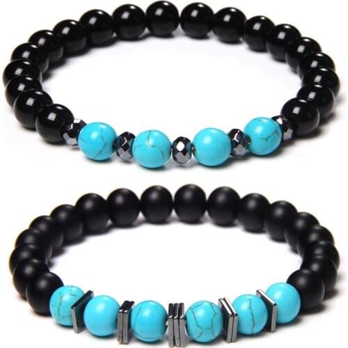 Classic Blue Turquoises Stone Bracelet Natural Energy Hematite Stone Beaded Charm Bracelet for Women Men Yoga Jewelry Pulseras