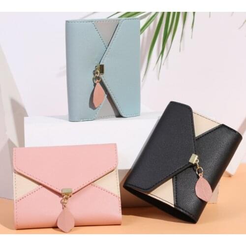 Contrasting Geometric Ladies Wallet Short Fashion Leather Buckle Coin Purse Tassel Ladies Wallet Money Credit Card Holder