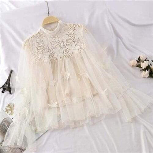 2021 fashion new western style small shirt, long-sleeved temperament, hollow Korean mesh top, loose chiffon shirt