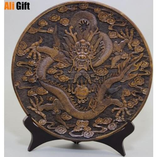 Copper Statue Antique Miscellaneous Wholesale Old Imitation Snowflake Jade Carving Single Dragon Dragon Pan Long Plate Ornament