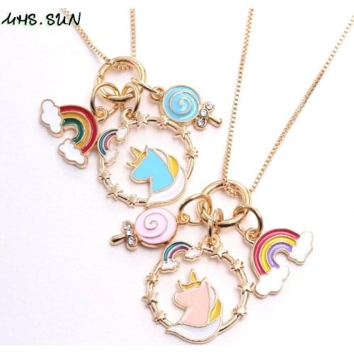 MHS.SUN kids girls fashion cartoon unicorn charms necklace diy lollipop pendant chain necklace for baby party gift 1pc hot sale