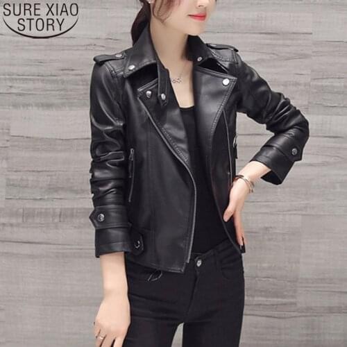 Zipper Slim Black Moto & Biker Jacket Spring Autumn Ladies Motorcycle Leather Jackets Women Turn-down Collar Female Coat 15690