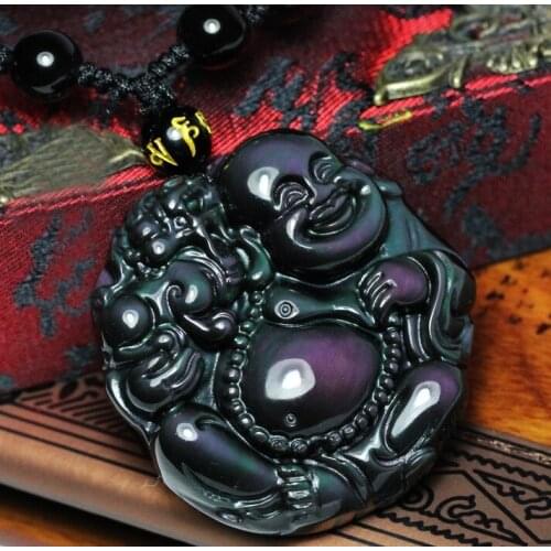 Natural rainbow eye obsidian maitreya laughing Buddha necklace mythical wild animal pendant luck amulet necklace