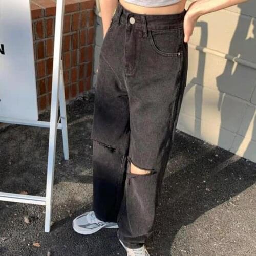 Womens Spring and Autumn 2021 New Loose Thin Drape Wide-leg Mopping Pants Black High-waist Ripped Straight-leg Classic Jeans