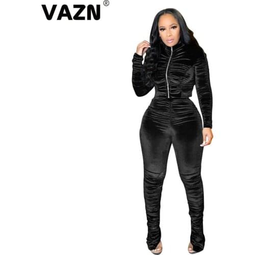 VAZN 2020 Hot Suede Set High-end Sexy Energy Young Daily High Waist Full Sleeve Cloth Long pants Slim Women 2 Piece Set