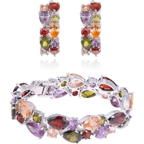 Luxury Multicolor Mona Lisa Earrings and Bracelet Jewelry Sets With Colorful Zircon Crystal Party Wedding Bridal Jewelry Set
