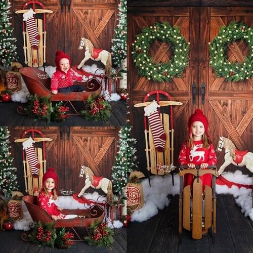 Christmas Photography Background Xmas Tree Trojan Horse Backdrop Wooden Door Child Party Snowfield Decoration Prop Photo Studio