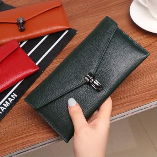 Slim Genuine Leather Wallet Women Top Grain Cow Leather Purse Female Long Womens Wallet Red Pink Green Black Brown