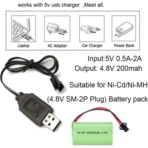 Charging Cable Battery USB Charger Ni-Cd Ni-MH Batteries Pack SM-2P Plug Adapter 3.6v 3.7v 4.8v 250mA Output Toys Car Drop