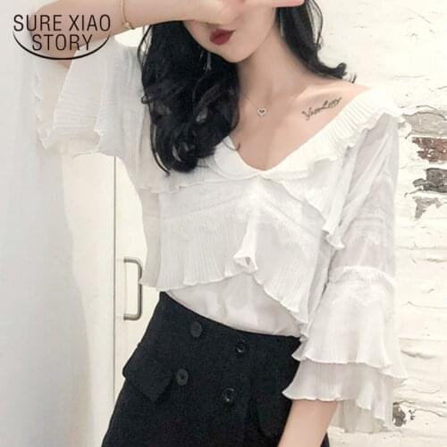 New Summer Blusas Mujer De Moda 2021 Half-sleeve Shirts Tops Korean Style Flounced White Chiffon Women Blouse Shirt 8670 50