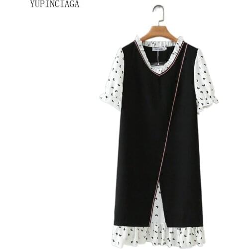 Women Dress Sweet Fashion 2021 Summer Loose Literary Fungus Collar Short Sleeve Fake Two-Piece Dresses Plus Size 2114339