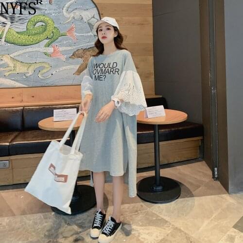 NYFS Summer Dress 2021 Korean New Loose Patchwork Lace Short Sleeves Woman Dress Vestidos Robe Elbise Fashion Long Dresses