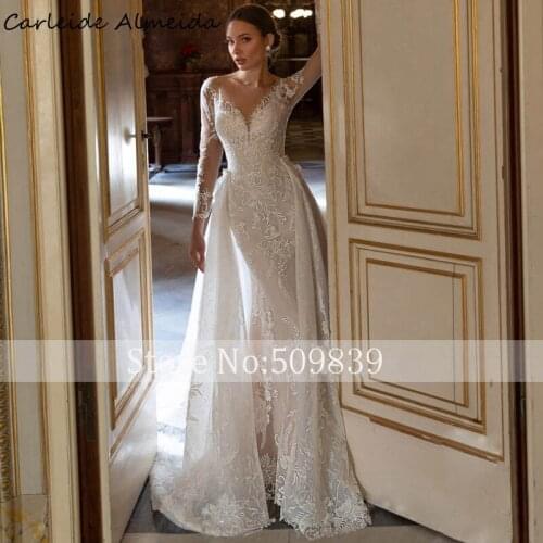 Scoop Neck Long Sleeves Mermaid Wedding Dresses with Detachable Lace Skirt Luxury Mermaid Wedding Gowns Customized Bridal Dress
