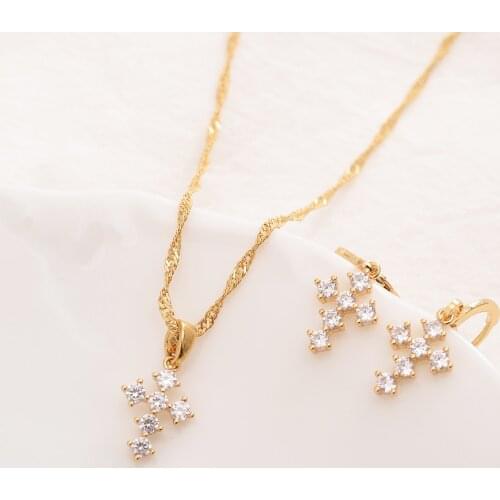 10 kt Fine THAI BAHT G/F Gold cross Pendant CZ White Coordinate Necklace chain Earrings sets Jewelry Christian Jesus