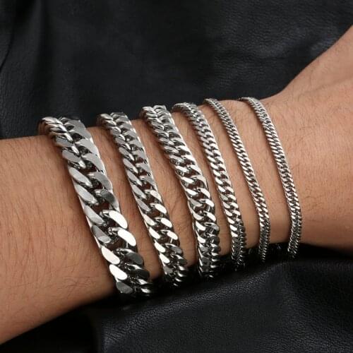 3-12mm Men Stainless Steel Curb Chain Bracelet Punk Hip Hop Chain Link Bracelet For Women Rock Jewelry Pulseira Masculina
