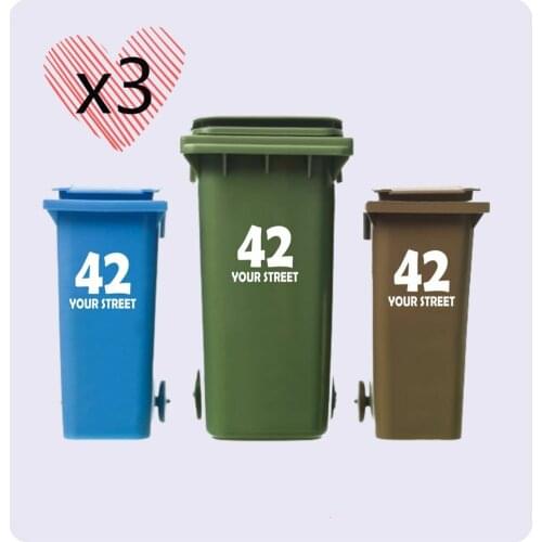 3 x WHEELIE BIN HOUSE NUMBERS CUSTOMIZED VINYL STICKERS WITH STREET ADDRESS