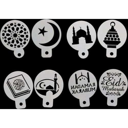 8pcs/set Eid Mubarak Ramadan Moon Coffee Flower Spray Stencils Cake Mold Decor