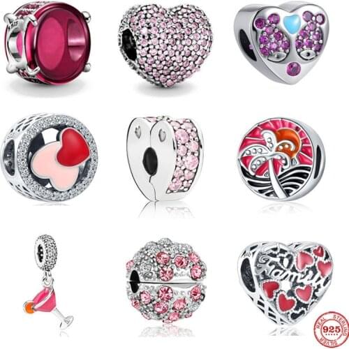 100% Real 925 Sterling Silver Pink Enamel juice heart sunset clip Charms Beads Fit 3mm Bracelet For Women Pendant Jewelry Making