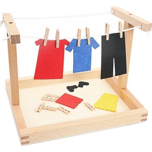 Baby Montessori Wooden DIY Mini Simulation Clothes Drying Frame Clothes Suit Toys for Children Basic Life Practice Training Toy
