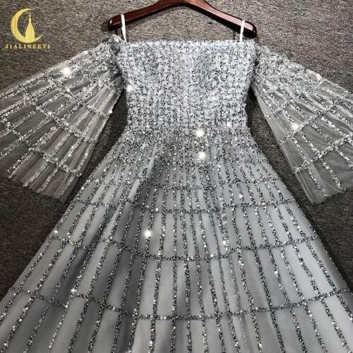Rhine real Pictures Zuhair Murad Big Long Sleeves Gray Beads Floor Length Arabic платье 2021 Evening Dresses Long
