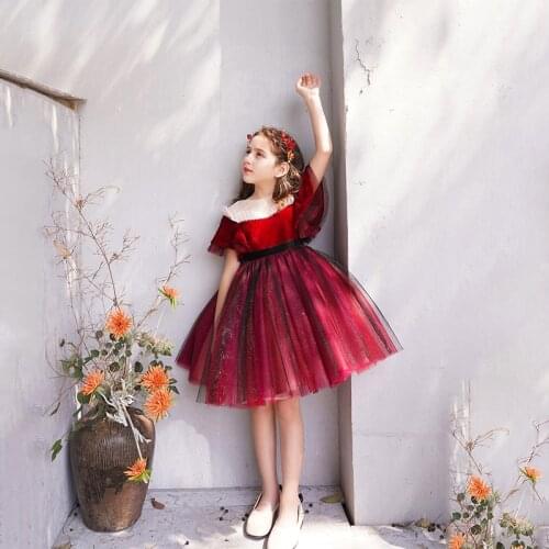 Flower Girl Dresses Illusion Sequined Short Princess Knee-Length Luxury Burgundy O-Neck Lace Tulle Lovely Kids Party Gown H195