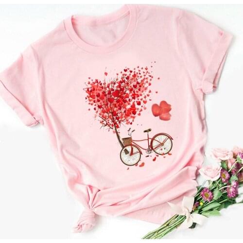 Bicycle Heart Ballon Flowers Women Pink Tshirt Fashion T Shirt Summer Harajuku Short Sleeve White T Shirts Casual Woman Tops