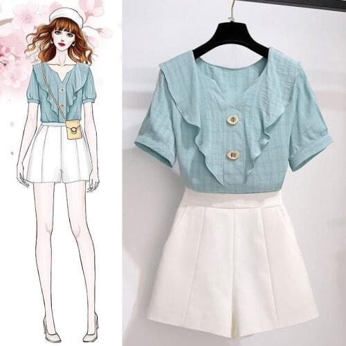 Harajuku Womens Suits Plus Size White Black Shorts Summer New Style Solid Color Ruffled Collar Vivid Blouse Girls Two-Piece Set