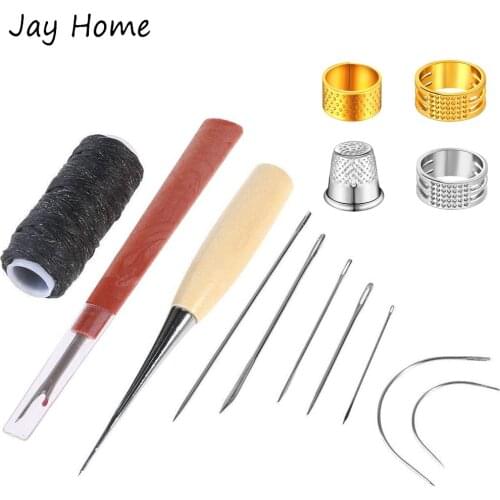 7Pcs Curved Hand Sewing Needles Set with Waxed Thread Awl Finger Thimble Protector for Leather Craft DIY Sewing Repair Tools