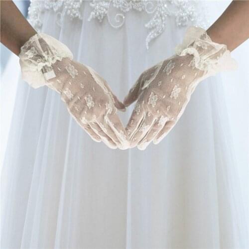 Jovivi Short Lace Gloves for Women Wrist Length Floral Bridal Gloves for Wedding Prom Party Gloves Black White Beige Golves