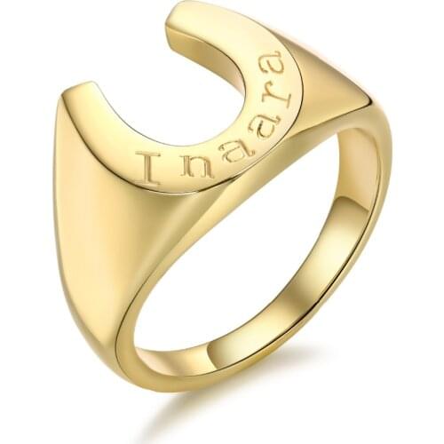 DUOYING Custom Engraved Name Horseshoe Ring U Shaped Ring Minimal Womens Wedding Jewelry for Mothers' Day or Valentine Gift