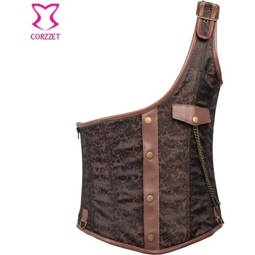 Brown One-Shoulder Buckle Belt Steel Boned Steampunk Corset Vest Gothic Clothing Male Vintage Waistcoat Men Coat Chaleco Hombre