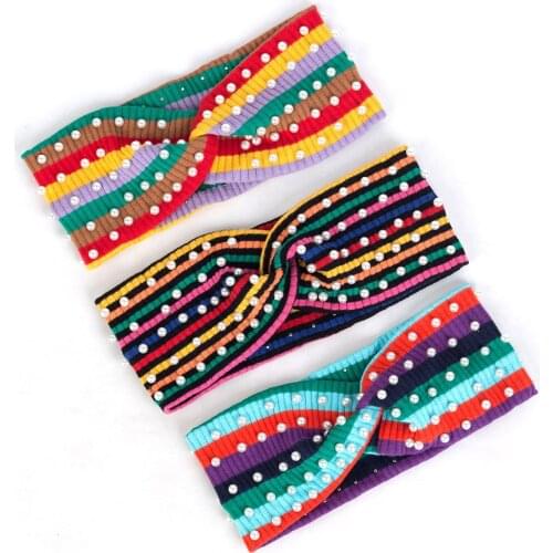 Colorful Elastic Hairband Vintage Pearls Accessories Bohemia Headband For Women Turban Wraps Cross Knot Bands Twist Headwear