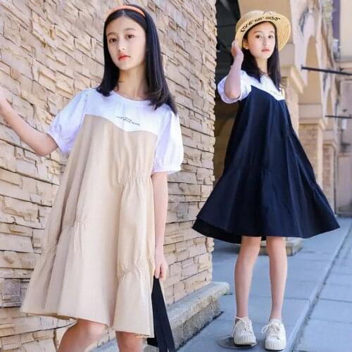Summer Dress For Teens Girls 8-16 Years Childrens clothing Pathckwork Cotton Short Sleeve Dress Girl Loose Casual Kids Dresses
