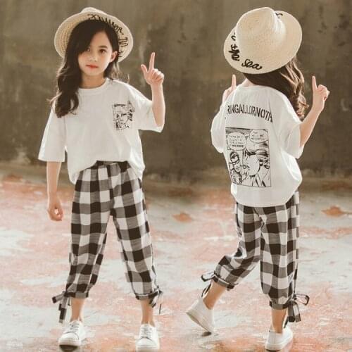 Girls Summer Outfits White T-Shirt & Plaid Pants 2pcs Sets Child Clothing 8 10 12 Year Teen Kids Girl Clothes Casual Tracksuit