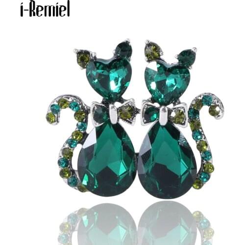 Fashion Green Crystal Brooches Cute Animal Design Bow Cat Rhinestone Jewelry Collar Lapel Enamel Pins Women Clothing Accessories