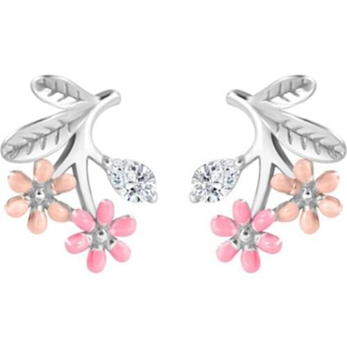 New lady S925 pure silver pink enamel flower leaf earrings personality joker fashion jewelry gifts